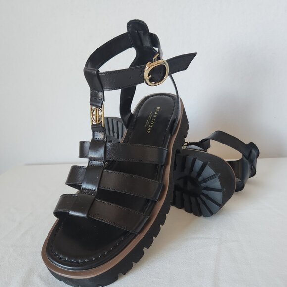 NWoB BEAU TODAY Leather Gladiator Sandals Open Toe Ankle Strap Platform Black - Picture 2 of 16